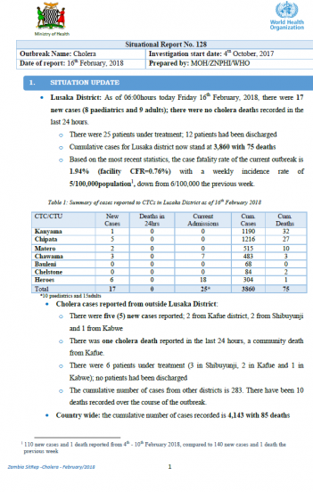 Zambia Cholera Outbreak Situation Report - 16 February 2018